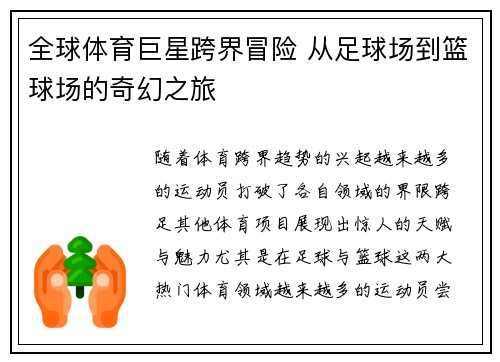 全球体育巨星跨界冒险 从足球场到篮球场的奇幻之旅