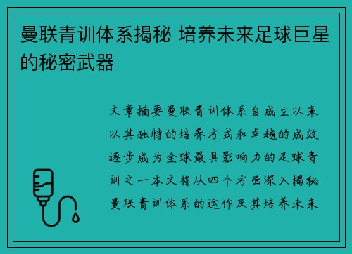 曼联青训体系揭秘 培养未来足球巨星的秘密武器